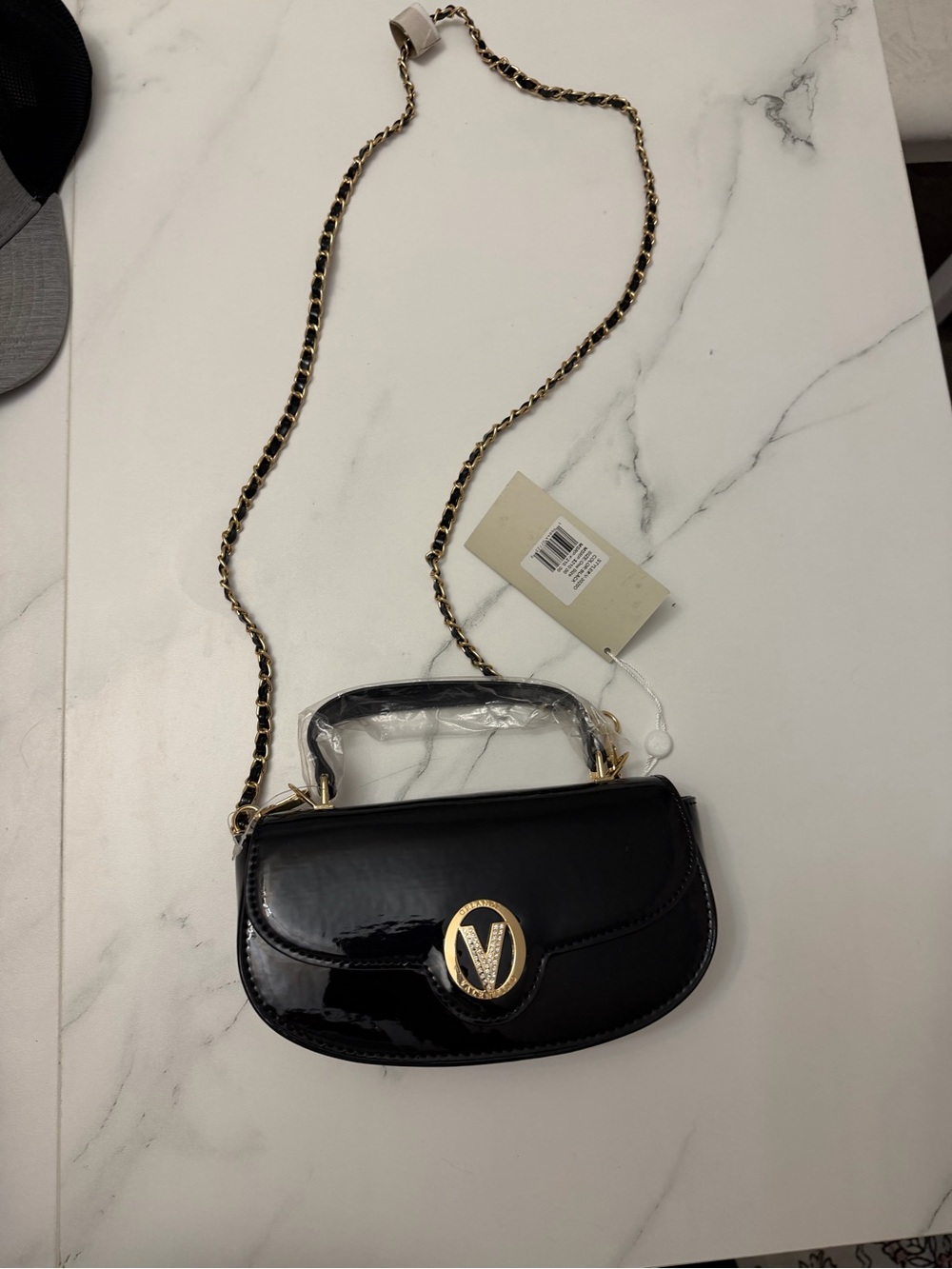 V-Emblem Black Patent Top-Handle Crossbody Bag
